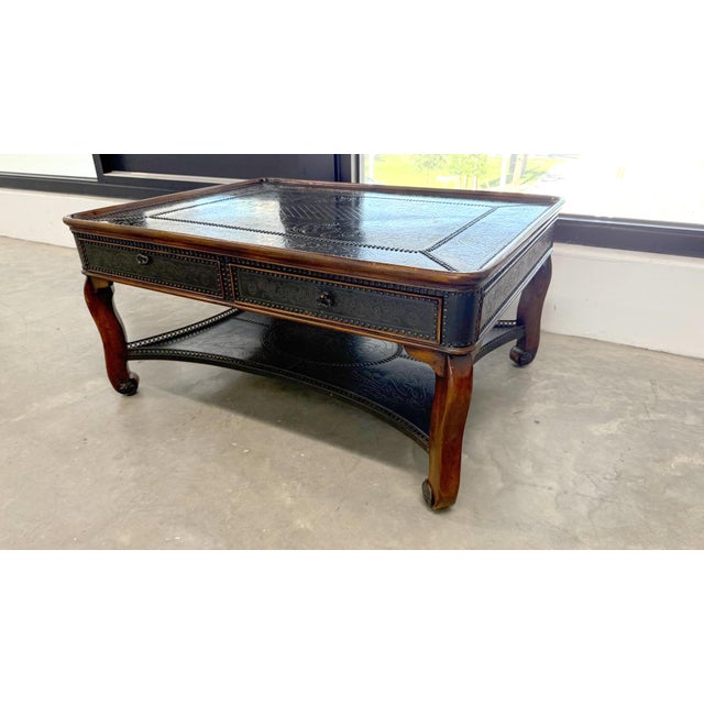 French Theodore Alexander Louis XIII Style Etched Brass Tray Top Coffee Table For Sale - Image 3 of 14