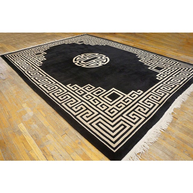 Black Glamorous Black Ground Color With White Color Greek Key Pattern Vintage Chinese Art Deco Rug For Sale - Image 8 of 11