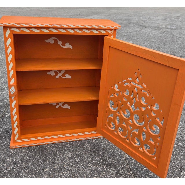 2020s Hand Painted Mediterranean Medicine Cabinet / Wall Shelf / Orange and White Zouak For Sale - Image 5 of 6