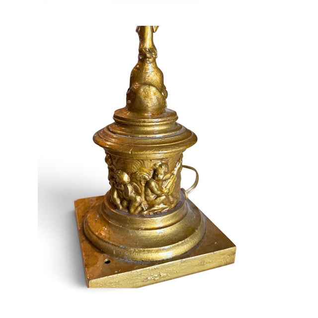 Late 20th Century Fulvio Bianconi Style Murano Blue Art Neoclassical Gilt Mercury/Hermes Figural Newel Floor Lamp With Frosted Flame Shade For Sale - Image 5 of 7