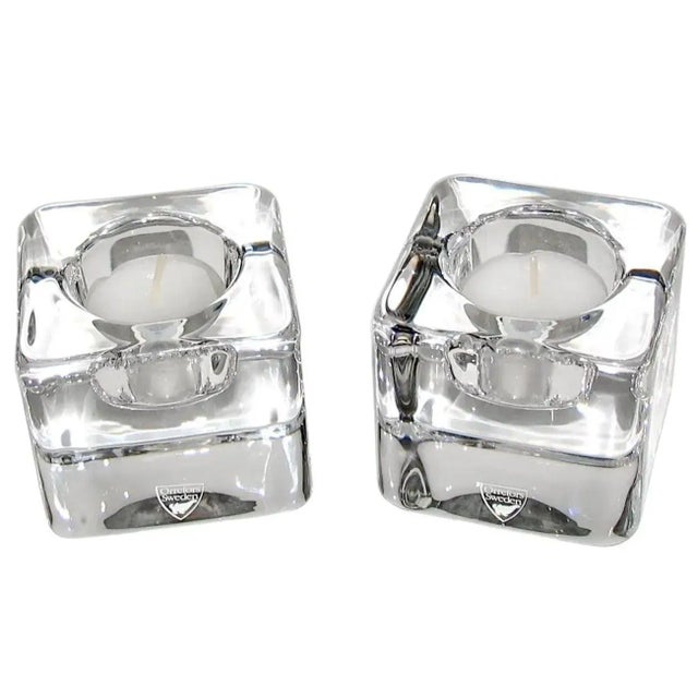 Mid-Century Modern Orrefors Sweden Crystal Glass Ice Cube Candle Holder by Goran Warff 1980 For Sale - Image 3 of 12