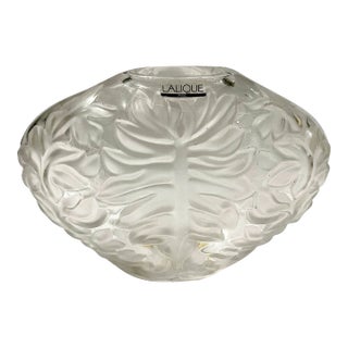 1990s Lalique France Mahe Clair Palm Leaf Vase - Original Box For Sale