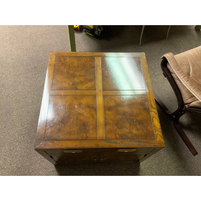 Henredon campaign style cube form end table, circa 1970’s, one drawer and doors provide ample storage.