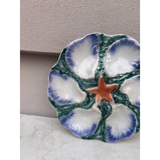 French Majolica Oyster Blue Orange Starfish Plate Digoin, Circa 1900 For Sale - Image 3 of 4