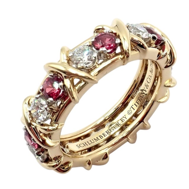 Tiffany & Co Schlumberger Gold Platinum 16 Stone Diamond Ruby Band Ring, Size 5 For Sale - Image 9 of 14