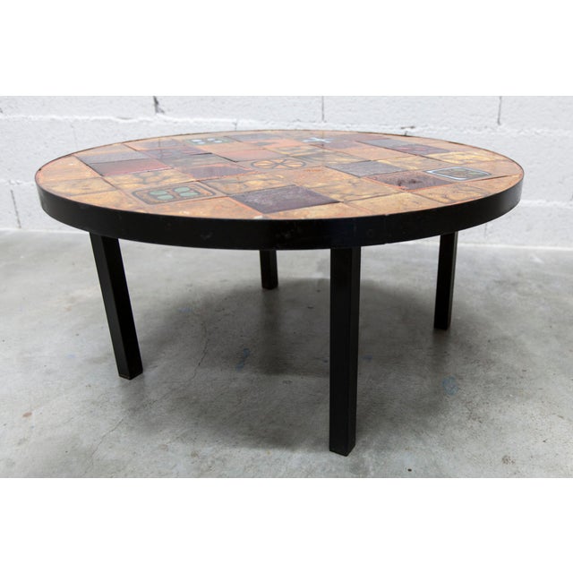 Wood Round Ceramic Coffee Table attributed to Jean Gregorieff, 1960s For Sale - Image 7 of 15