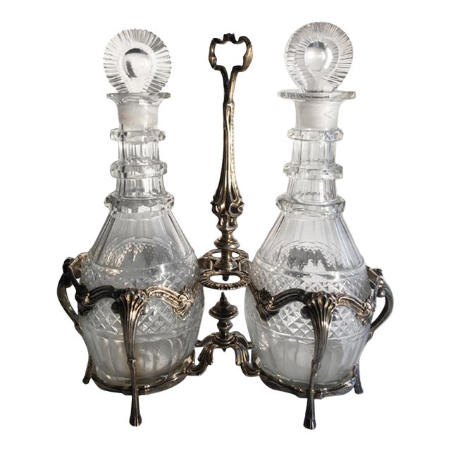 George IV Silver Cruet Service Set with Two Cut Glass Bottles, London, 1750s, Set of 3 For Sale