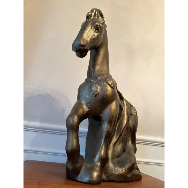 Paint Large Horse Statue in Chinese Tang Dynasty Style, Bronze Painted Plaster Statue 1980s For Sale - Image 7 of 12