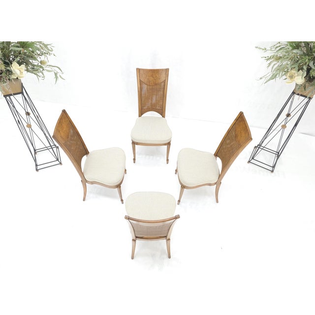Set 4 Burl Wood Cane Back NEW Upholstery Dining Chairs Mid Century Modern MINT! For Sale - Image 11 of 15