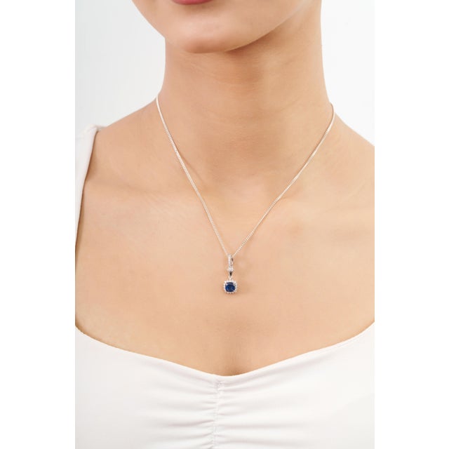 1.14ct Cushion Cut Natural Blue Sapphire Diamond Halo Pendant in 14k White Gold For Sale - Image 10 of 16