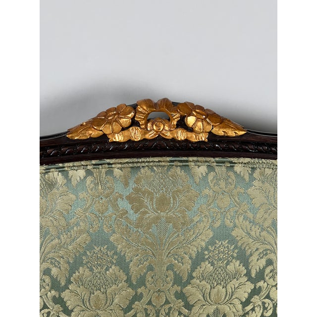 Textile Vintage Louis XVI Style Settee in Green Damask Upholstery 2 of 2 For Sale - Image 7 of 10