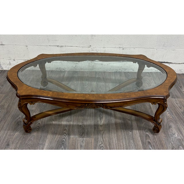 Karges Furniture Vintage Karges Louis XV Style Hand Carved Walnut Glass Top Coffee Table For Sale - Image 4 of 14