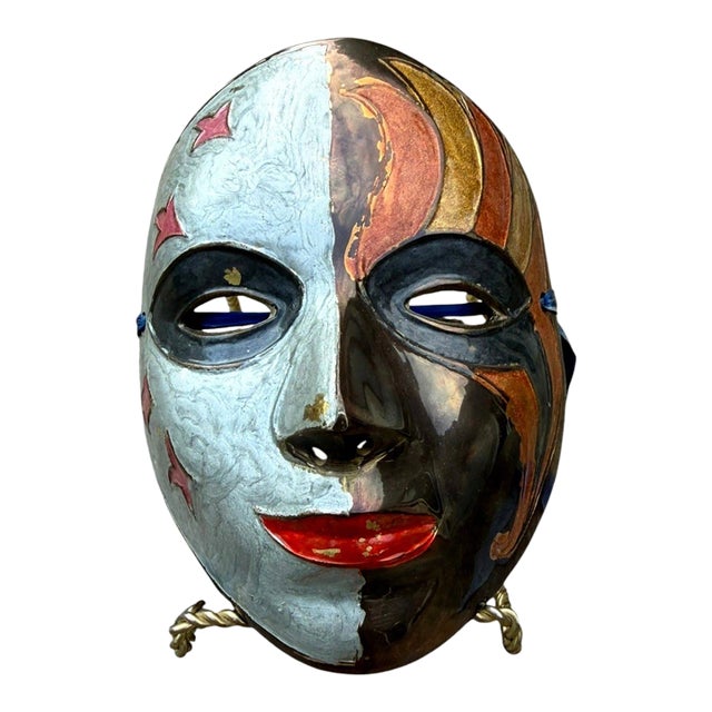 Vintage Solid Brass Celestial Face Mask Sun Moon Stars Painted India 6" For Sale