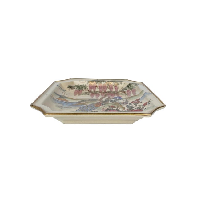 Vintage Japanese tray or plate with beautiful hand-painted landscape scenery. Square with soft notched corners, cascading...