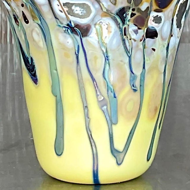 Light Yellow Vintage Boho Abstract Art Glass Vase For Sale - Image 8 of 12