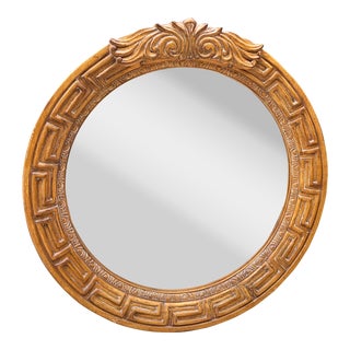 Large 1970s Wooden Greek Key Round Mirror For Sale