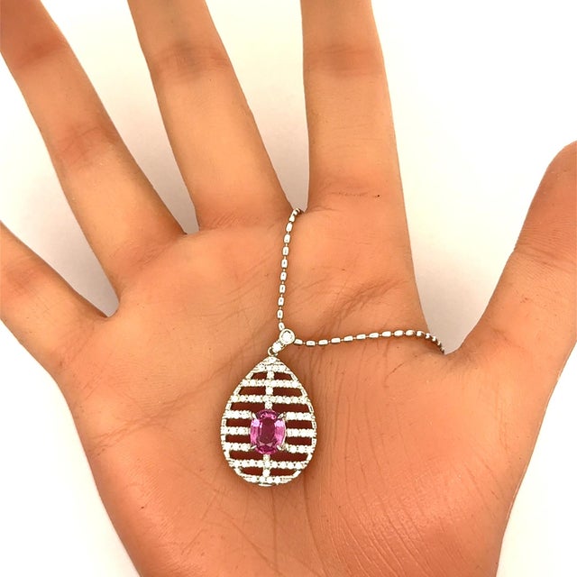Metal 2.16 Carat Pink Sapphire Diamond 18k White Gold Pendant Necklace For Sale - Image 7 of 7