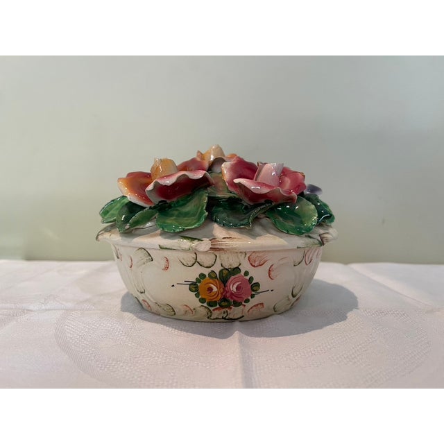 Mid-Century Modern Mid-Century Italian Majolica Capodimonte Style Hand-Painted Floral Trinket Dish For Sale - Image 3 of 12