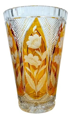 Magnificent Bohemian Engraved Citrine Cut to Clear Floral Vase, Style of Moser