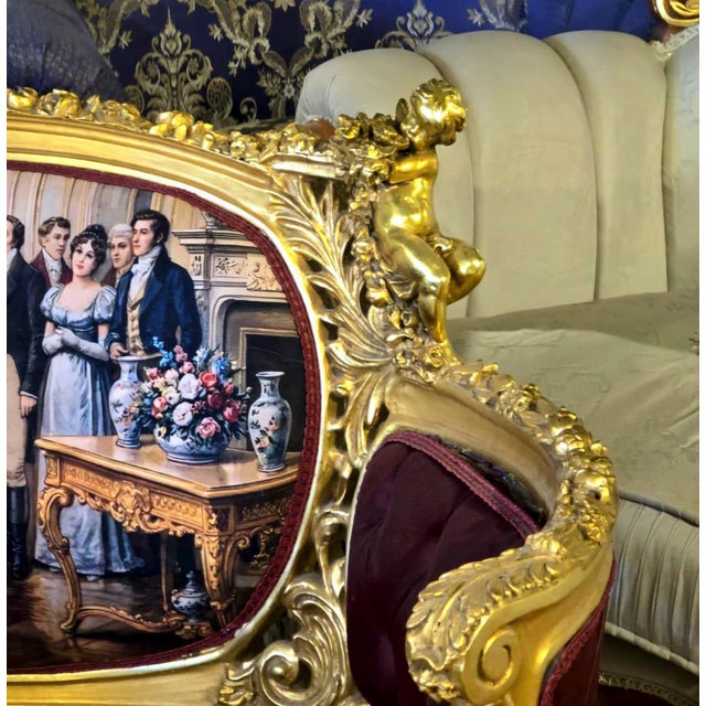 French Grand French Louis XV Burgundy Velvet Sofa With Romantic Ballroom Tapestry & Hand-Gilded Frame For Sale - Image 3 of 5
