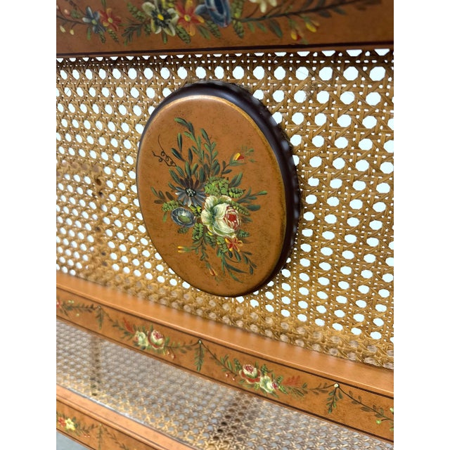 Brown Late 20th Century Elegant Sheraton Style Painted Floral Cane Settee With Neoclassical Detailing For Sale - Image 8 of 14