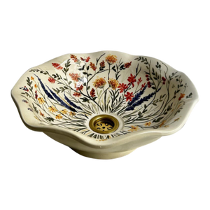 Flower Shape Ceramic White Vessel Floral Sink for Bathroom With Drain