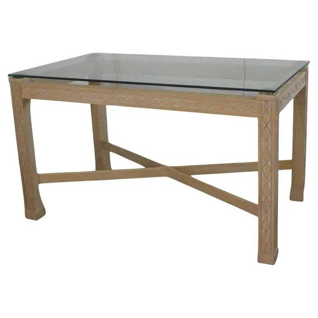 1980s Henredon Desk Writing Table Stylized Chippendale Fretwork Floating Glass Top Marborough Legs With Brass Caps For Sale - Image 13 of 13