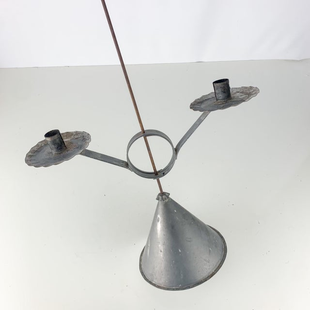 Early Antique Primitive Tin Candle Holder Adjustable Double Arm Conical Base For Sale - Image 10 of 12