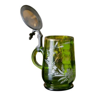 Antique German Green Enameled Glass Syrup Pitcher – “Zur Erinnerung” to Remember, Victorian Era For Sale