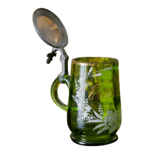 Antique German Green Enameled Glass Syrup Pitcher – “Zur Erinnerung” to Remember, Victorian Era