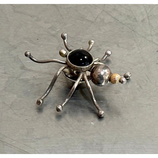 Silver Metal & Onyx Spider Brooch For Sale - Image 4 of 4