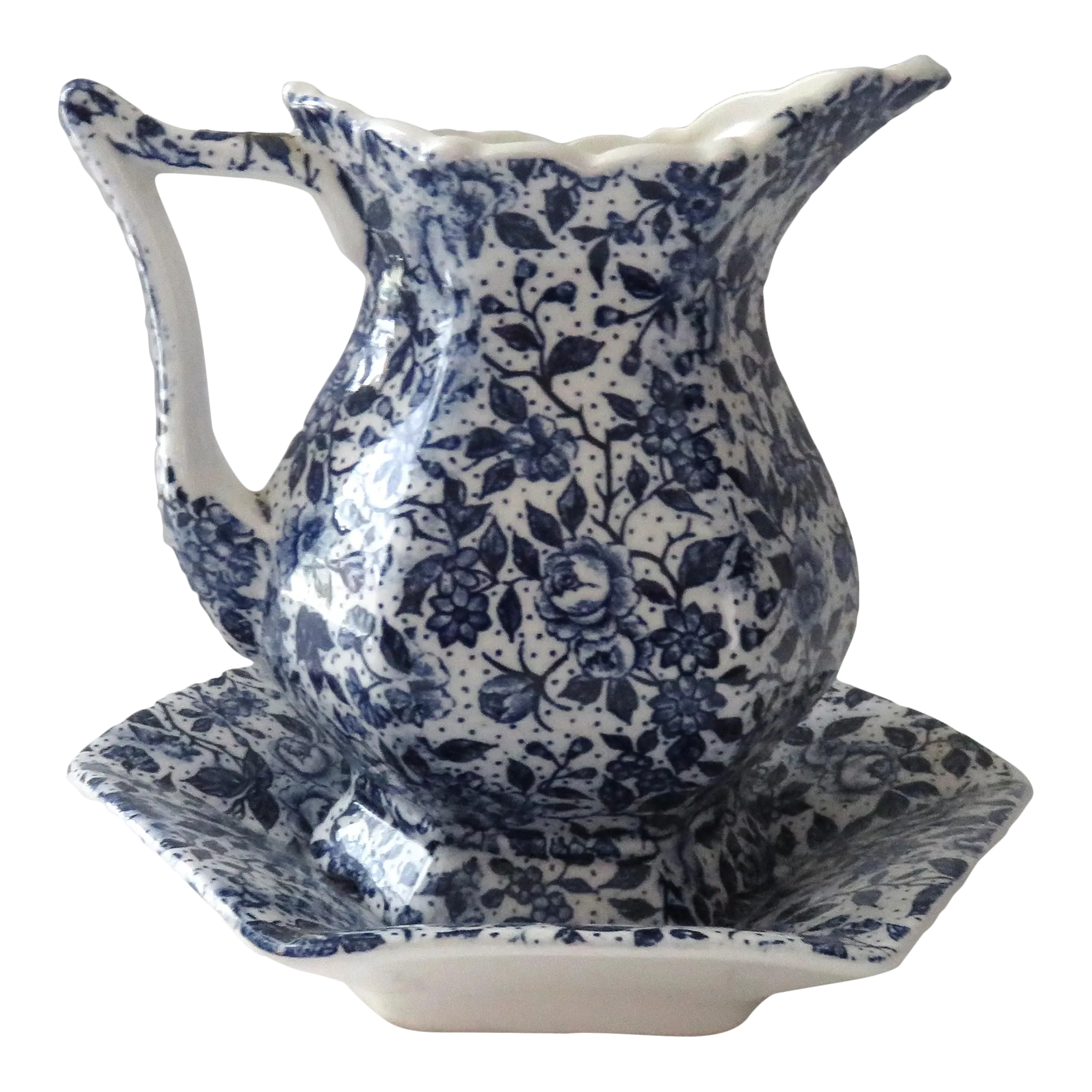 THE ENESCO プレシャスモーメント Skating Pond 陶器 Mid 20th Century Blue & White Rose Chintz Ware Enesco, Japan