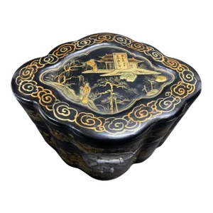 Asian Chinese Box Black Lacquered Gilt Painted 1940s