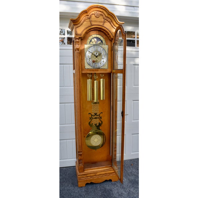 Howard Miller Oak Grandfather Clock Moon Dial Triple Chime Floor Tall Case For Sale - Image 13 of 17