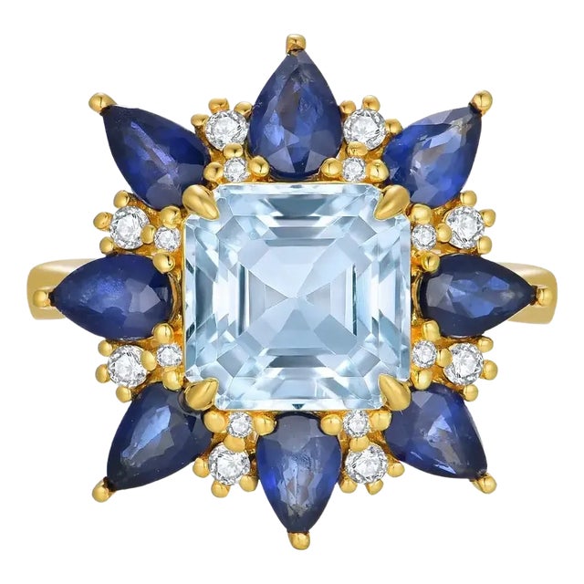 Nina Zhou Margeret Aquamarine Sapphire Diamond Cocktail Ring in 14k Yellow Gold, size 4.5 For Sale