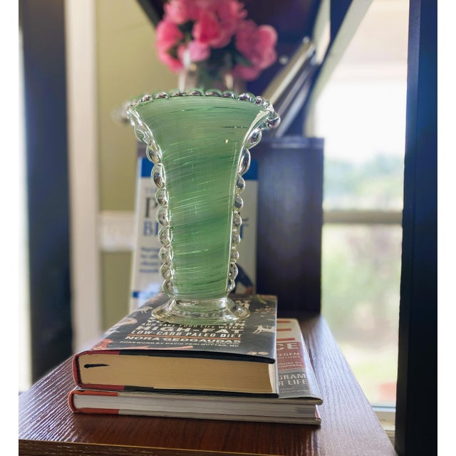 Glass Vintage Murano Green Swirl Hand-Blown Glass Vase With Clear Rigaree Beading, Italy, C. 1980s For Sale - Image 7 of 14