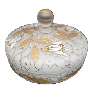 Vintage Handpainted Gold White Milk Glass Candy Dish, Germany For Sale