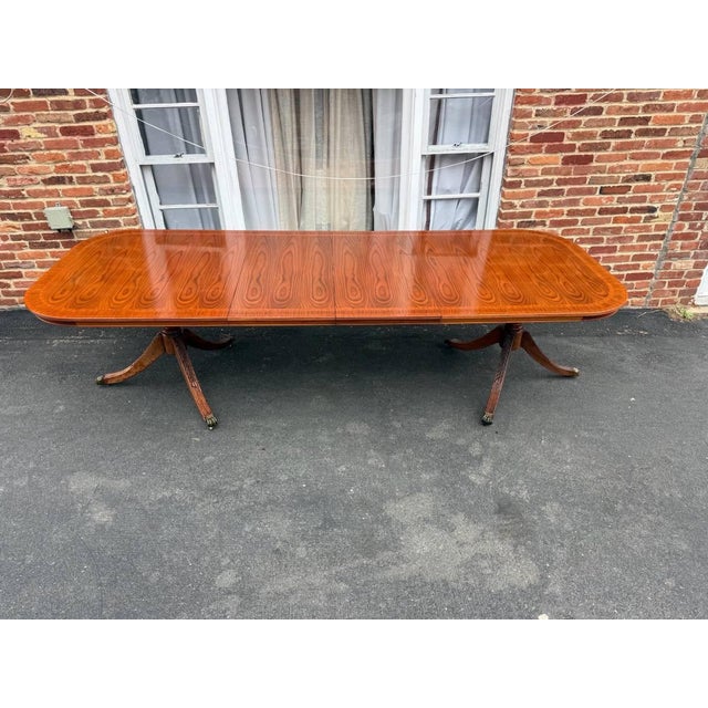 Vintage George III style Cross-banded top double pedestal inlaid dining table with leaves Cross-banded top, double...