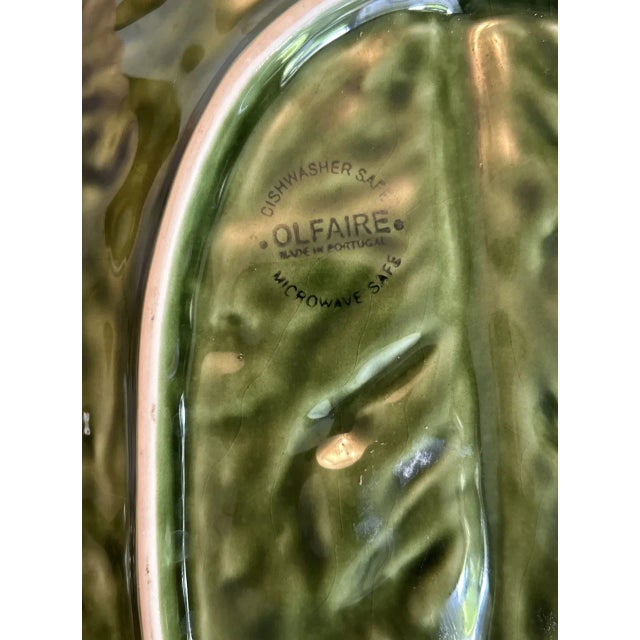 Mid-Century Modern Vintage Olfaire Majolica Style Portugal Oval Cabbage Leaf Serving Bowl Platter For Sale - Image 3 of 5