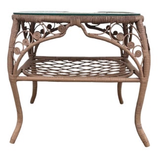 Mid 20th Century 2 Wicker End Table With Glass Top For Sale