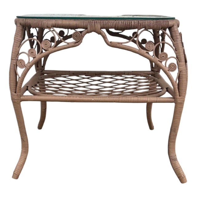 Mid 20th Century 2 Wicker End Table With Glass Top For Sale