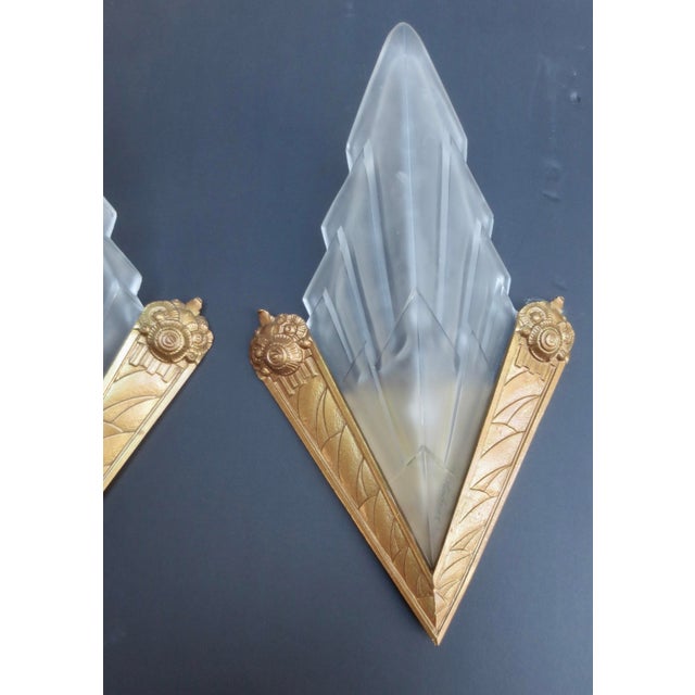Art Deco Deguge Art Deco Frosted Glass Sconces Gilt Bronze Mounts Circa 1930s For Sale - Image 3 of 8