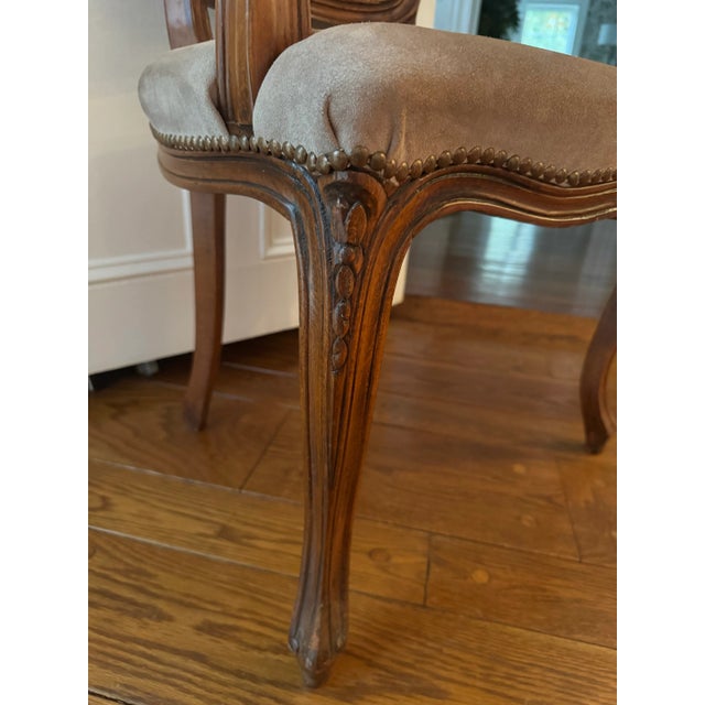 Vintage Petite Carved Wood Arm Chair With Cane Back and Suede Seat For Sale - Image 11 of 12
