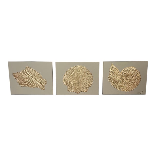 Gold & Beige Seashell Canvas Art Collection Trio, Designed by Cheryl P. Kohloff For Sale