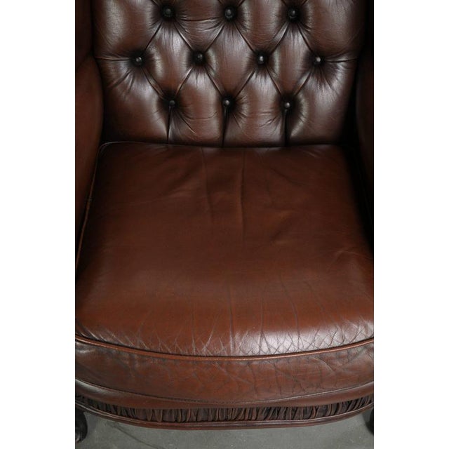 English Cowhide Chesterfield Wing Armchair For Sale - Image 6 of 13