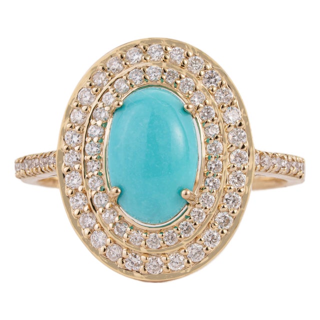 1.43ct Oval Turquoise Cabochon Double Halo Diamond 14k Gold Contemporary Ring Size 5 For Sale