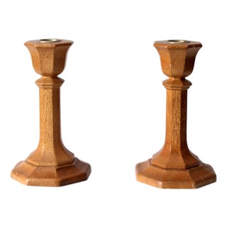 Vintage Wooden Candlestick Holders Pair For Sale