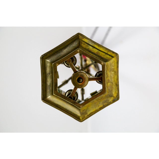 Metal Mid-Century Italian Pagoda-Esque Bronze & Beveled Glass Lantern For Sale - Image 7 of 12