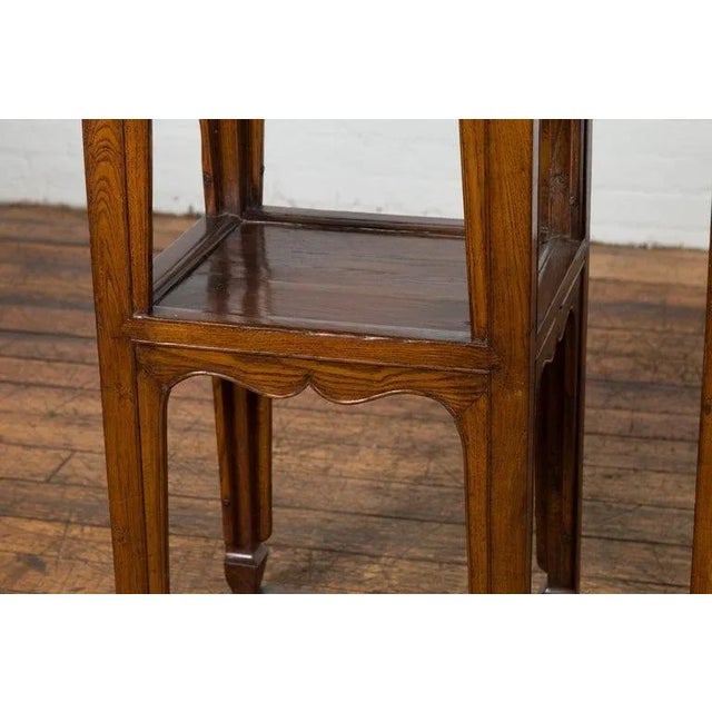 Early 20th Century Chinese Late Qing Dynasty Tiered Lamp Tables with Carved Aprons - A Pair For Sale - Image 10 of 13