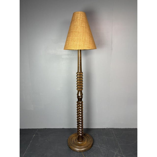 Mid-Century Brutalist Art Deco Floor French Wood Turned Lamp in the Style of Charles Dudouyt, 1950s For Sale - Image 14 of 14
